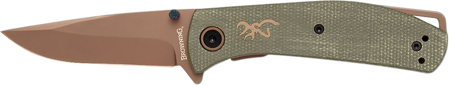 Browning Trailside Small Folder 3 in D2 Steel Blade, Green Micarta, Tip-Up, Flipper