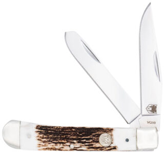 CobraTec Knives CTTDTRPSTAG Trapper Folding 2.88" Clip Point, 2.94" Spey Plain Polished VG-10 SS Blades, 4.44" Stag Bone Scales/SS Handle