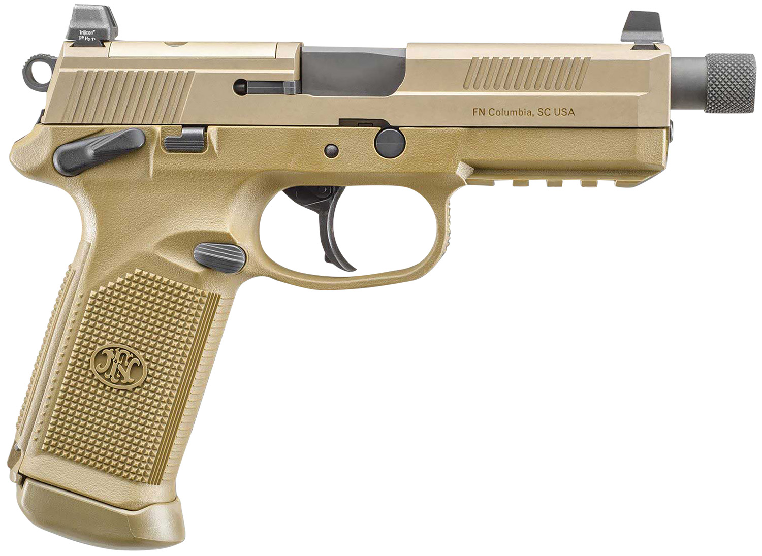 FN 66982 FNX Tactical 45 ACP 10+1 5.30" Black Steel Threaded Barrel, Flat Dark Earth Optic Cut/Serrated Steel Slide & Polymer Frame w/Picatinny Rail, FDE Interchangeable Backstrap Grip, Ambidextrous