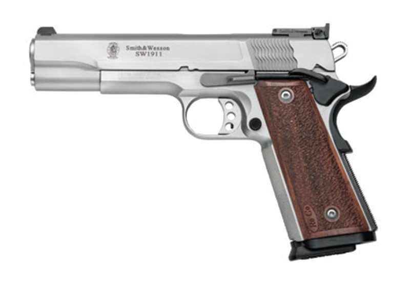 S&W PC SW1911 Pro 9mm Single-Action Semi-Auto Pistol, 5 in Stainless with Wood Grip