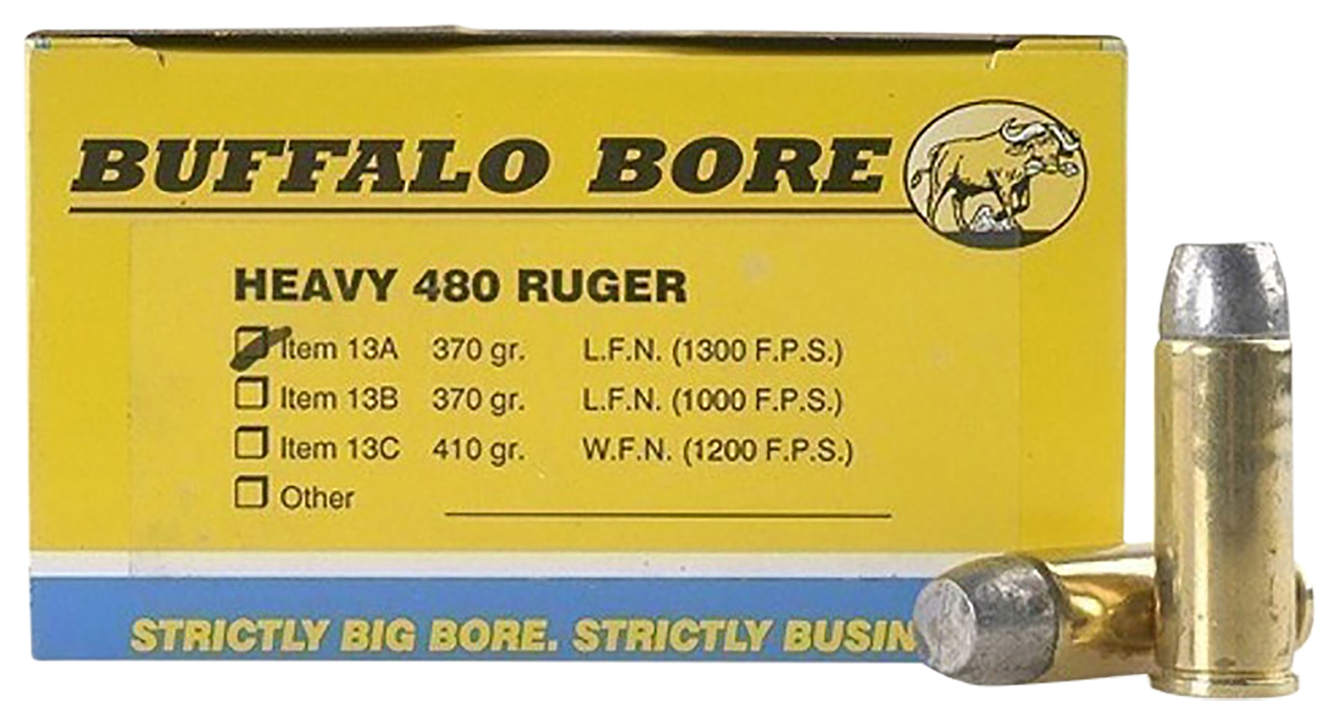 Buffalo Bore 13A20 .480 Ruger 370 gr Lead Flat Nose Ammo, 20 Rounds Per Box