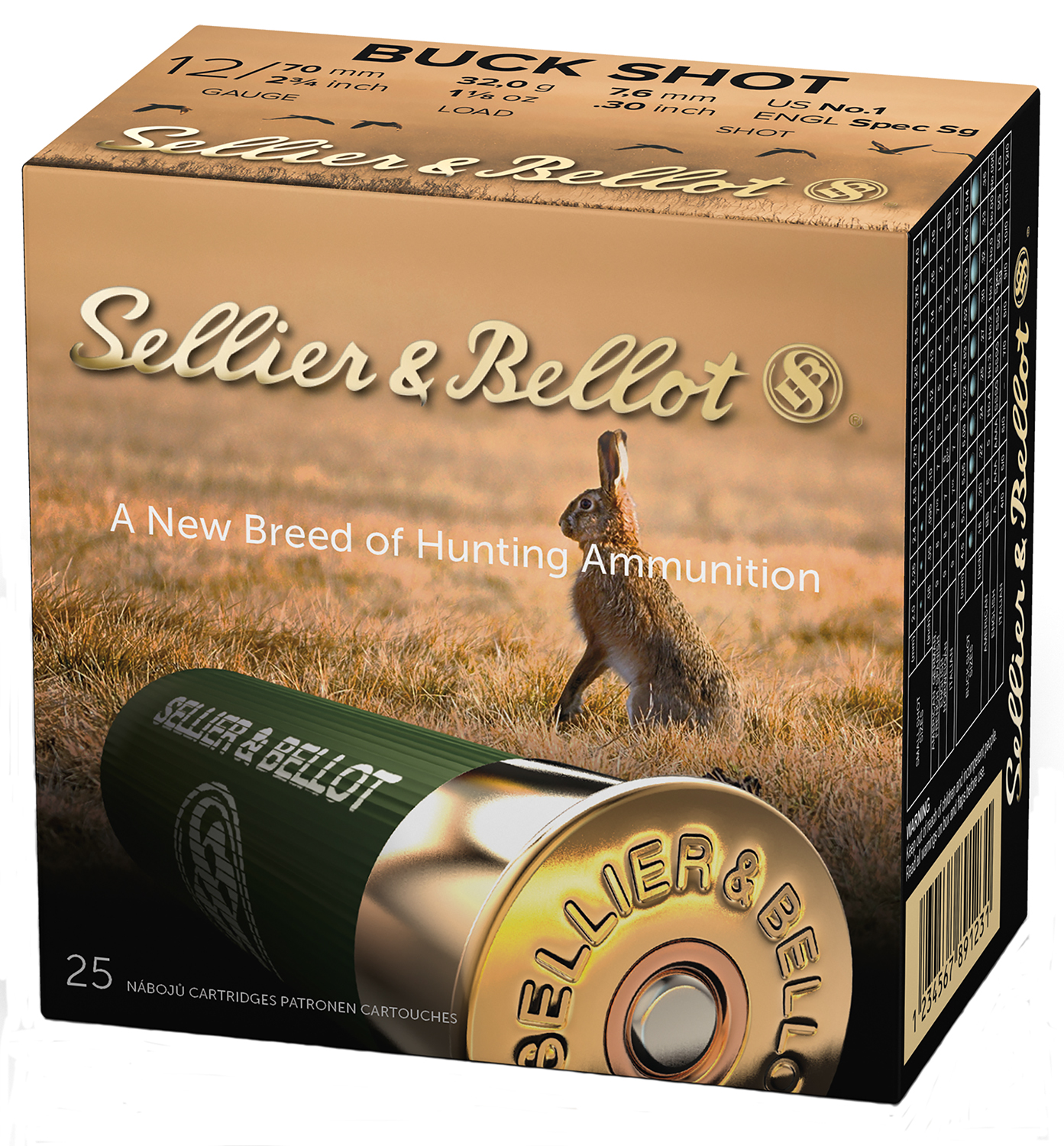 Sellier & Bellot SB12BSF 12 Gauge 2.75 in #1 Buck Lead Shot Shells, 25 Rounds Per Box