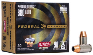 Federal Premium Personal Defense .380 ACP 90 gr Hydra-Shok JHP Hollow Point 20-Round Box