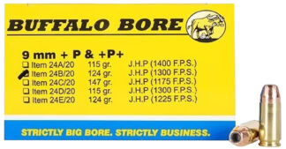 Buffalo Bore Ammunition 9mm +P+ 124 gr JHP Personal Defense 20-Round Box