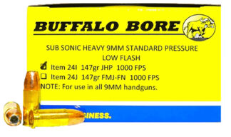 Buffalo Bore Ammunition 24I20 Subsonic Strictly Business 9mmLuger Subsonic 147gr Jacketed Hollow Point 20 Per Box/12 Case