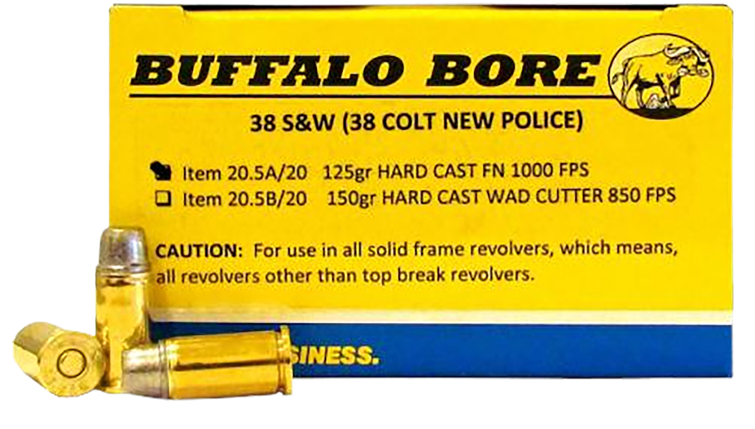 Buffalo Bore Ammunition 205A20 38 S&W 125 gr Hard Cast Flat Nose, 20 Rounds