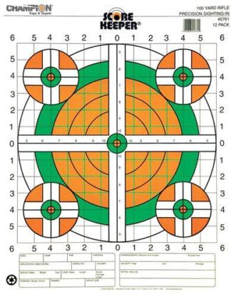 Champion Scorekeeper Targets Fluorescent Orange & Green Bull, 100 yd Rifle Sight-In (100-Pack)