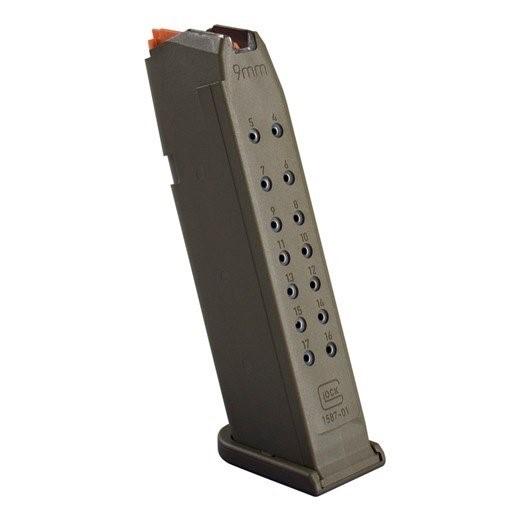 Glock G17 17-Round Handgun Magazine with OD Floor Plate and Orange Follower