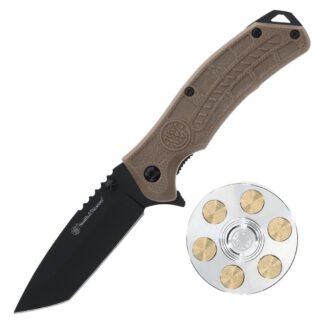 Smith & Wesson Folding Knife and Fidget Spinner Combo 3in Tanto Blade, Black, Brown
