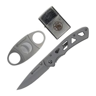 Smith & Wesson Folding Knife Cigar Cutter and Lighter Combo 3" Drop Point Blade Silver