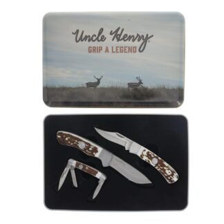 Battenfeld Uncle Henry Staglon Knife Combo, 2 Fixed + 1 Linerlock Folding Knife, Stainless Satin