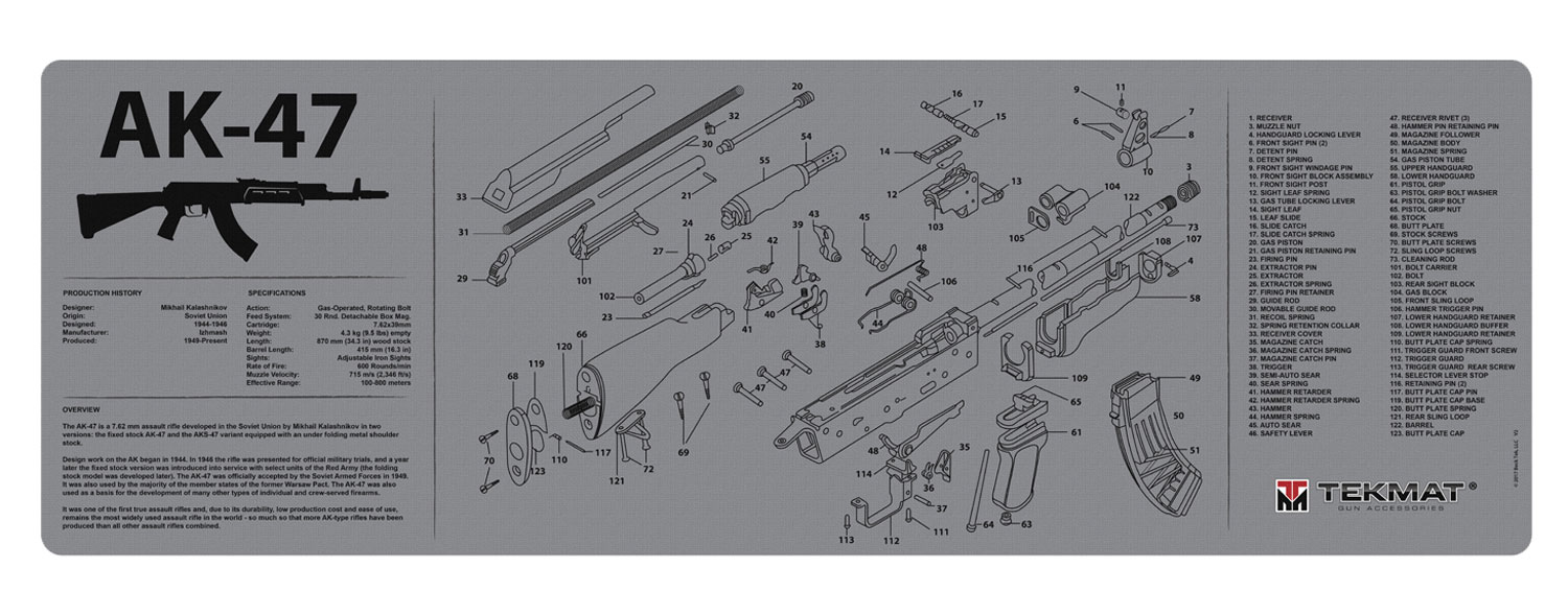 TekMat TEKR36AK47GY 36 in Cleaning Mat for AK-47 Parts Diagram, Black/Gray Rubber