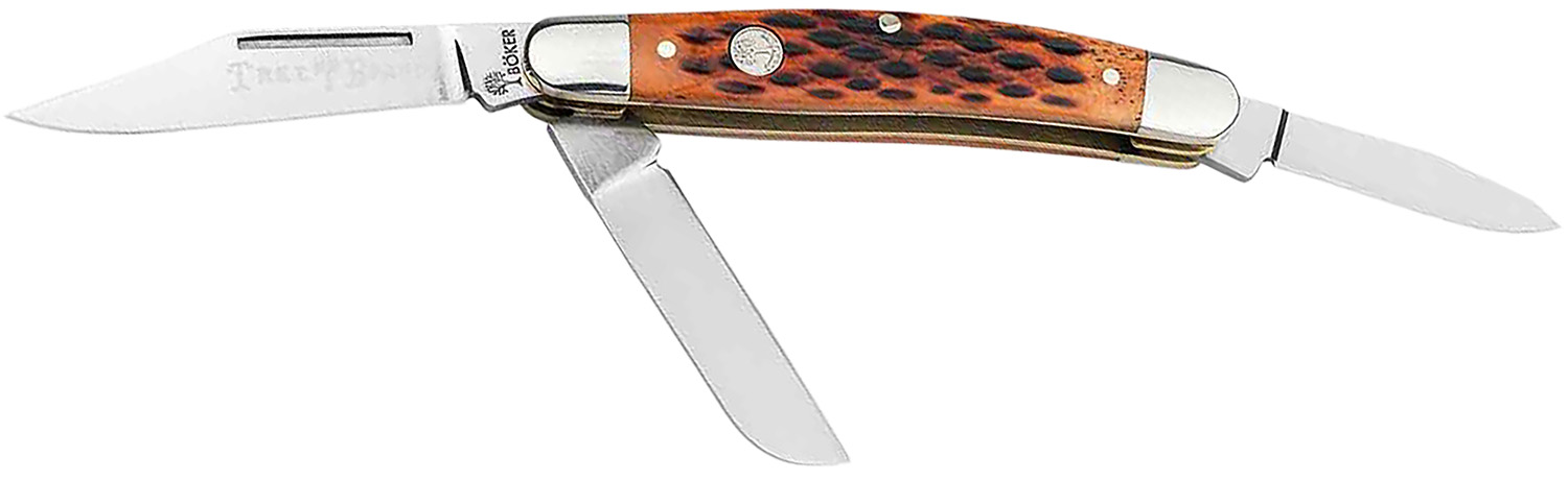 Boker 110852 Stockman Traditional Medium Clip Point/Sheepsfoot/Spey D2 Steel Brown Jigged Bone