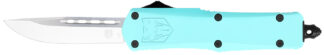 Cobratec Knives FS-3 OTF Drop Point Knife, 2.75 in D2 Blade, 4.25 in Mint Blue Aluminum Handle