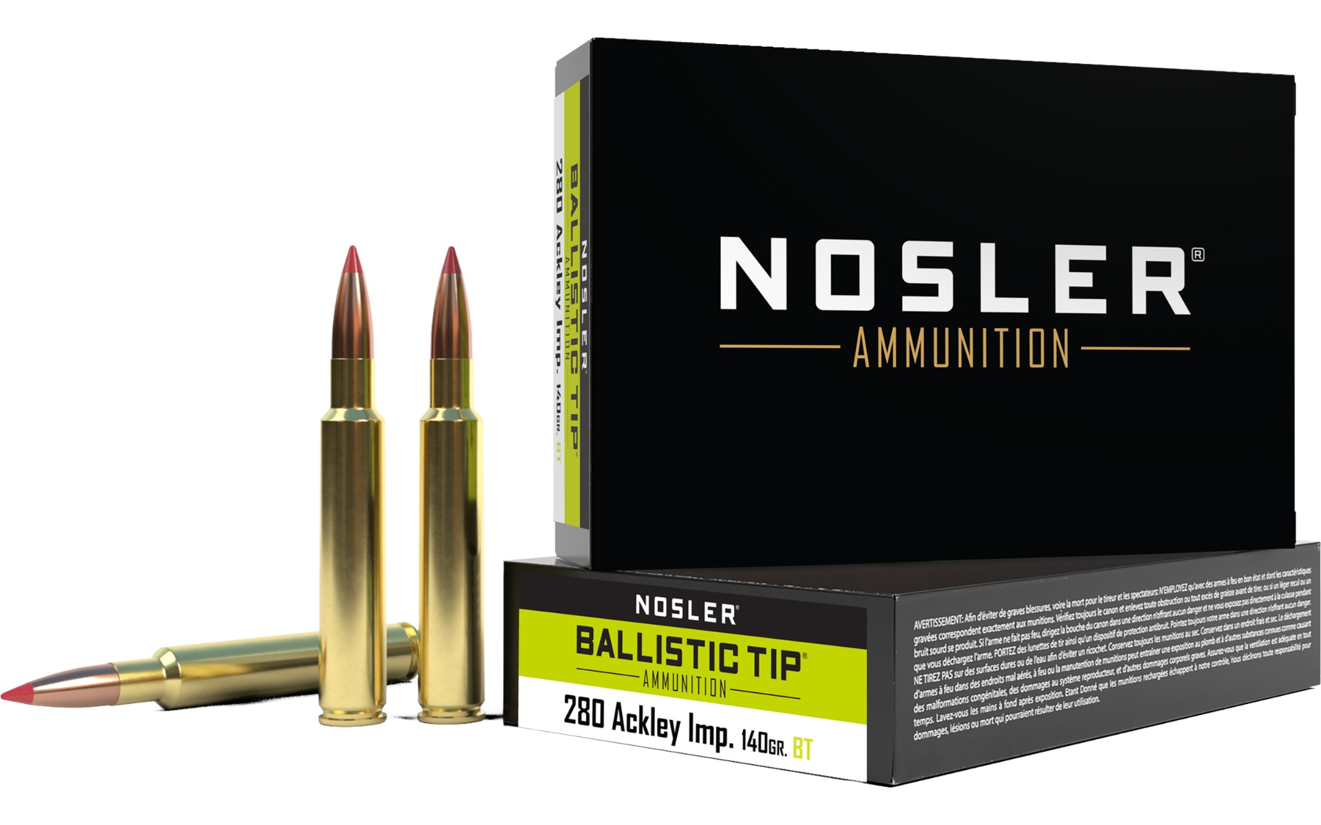 Nosler 280 Ackley Improved 140 Grain Ballistic Tip Hunting Ammo, 20 Rounds Per Box