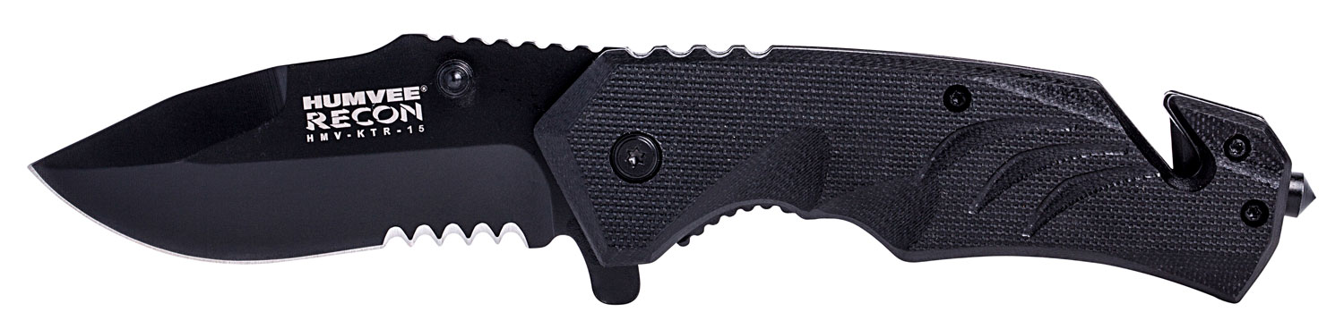 Humvee Accessories Recon 15 3in Folder Knife, Partially Serrated Black Stainless Steel
