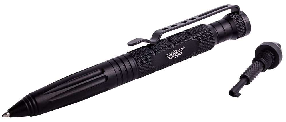 Uzi Accessories Defender Tactical Pen 6" Black Aluminum Glass Breaker/Cuff Key