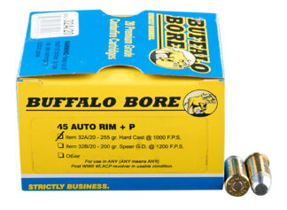 Buffalo Bore 32A20 45 Auto Rim +P 255 gr Hard Cast Flat Nose Ammo, 20 Rounds