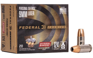 Federal Hydra-Shok 9mm Luger 124 Gr Hollow Point, 20 Rounds Per Box