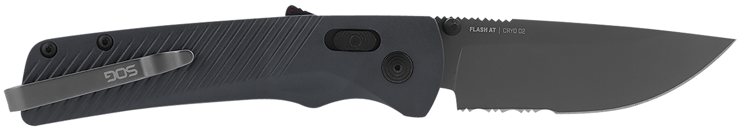SOG Flash AT Assisted Opening Folding Knife, 3.45 in Cryo D2 Serrated Blade, Urban Grey Handle