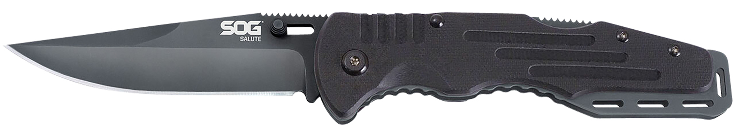 SOG Salute Folding Clip Point Knife, 3.62 in 8Cr13MoV Blade, Black G10 Handle