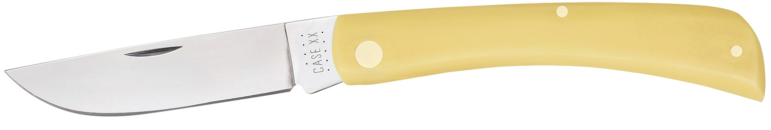 Case 00038 Sod Buster Folding Skinner Plain Tumble Polish Carbon Steel Blade/Smooth Yellow Synthetic Handle