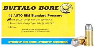 Buffalo Bore 31A20 .45 Auto Rim 255 gr Hard Cast Flat Nose, Standard Pressure, 20 Rounds