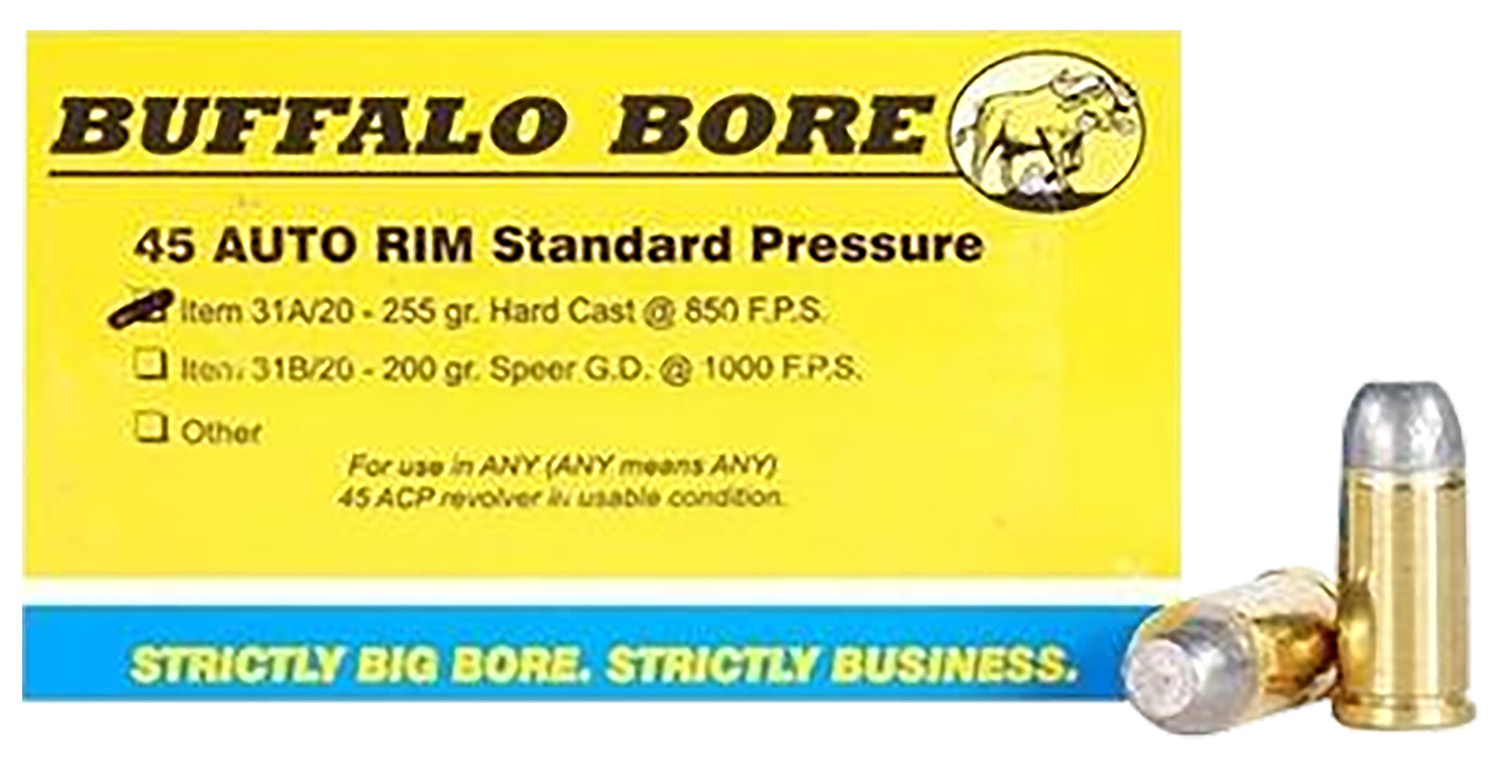 Buffalo Bore 31A20 .45 Auto Rim 255 gr Hard Cast Flat Nose, Standard Pressure, 20 Rounds
