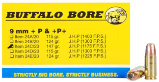 Buffalo Bore 24C20 9mm Luger +P+ 147 gr Jacket Hollow Point Ammo, 20 Rounds