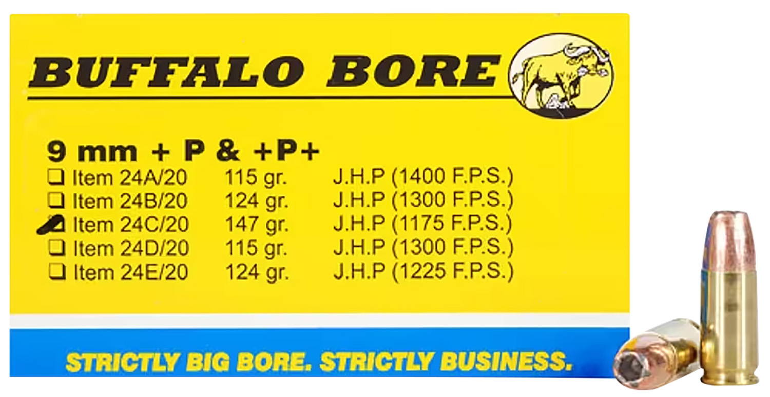 Buffalo Bore 24C20 9mm Luger +P+ 147 gr Jacket Hollow Point Ammo, 20 Rounds