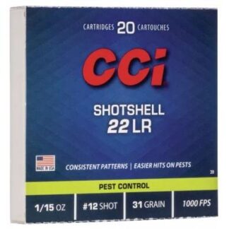 CCI Rimfire Shotshell Ammunition .22 LR 1/15 oz #12 31 gr 1000 fps 2000/ct (100-20/ct Boxes)
