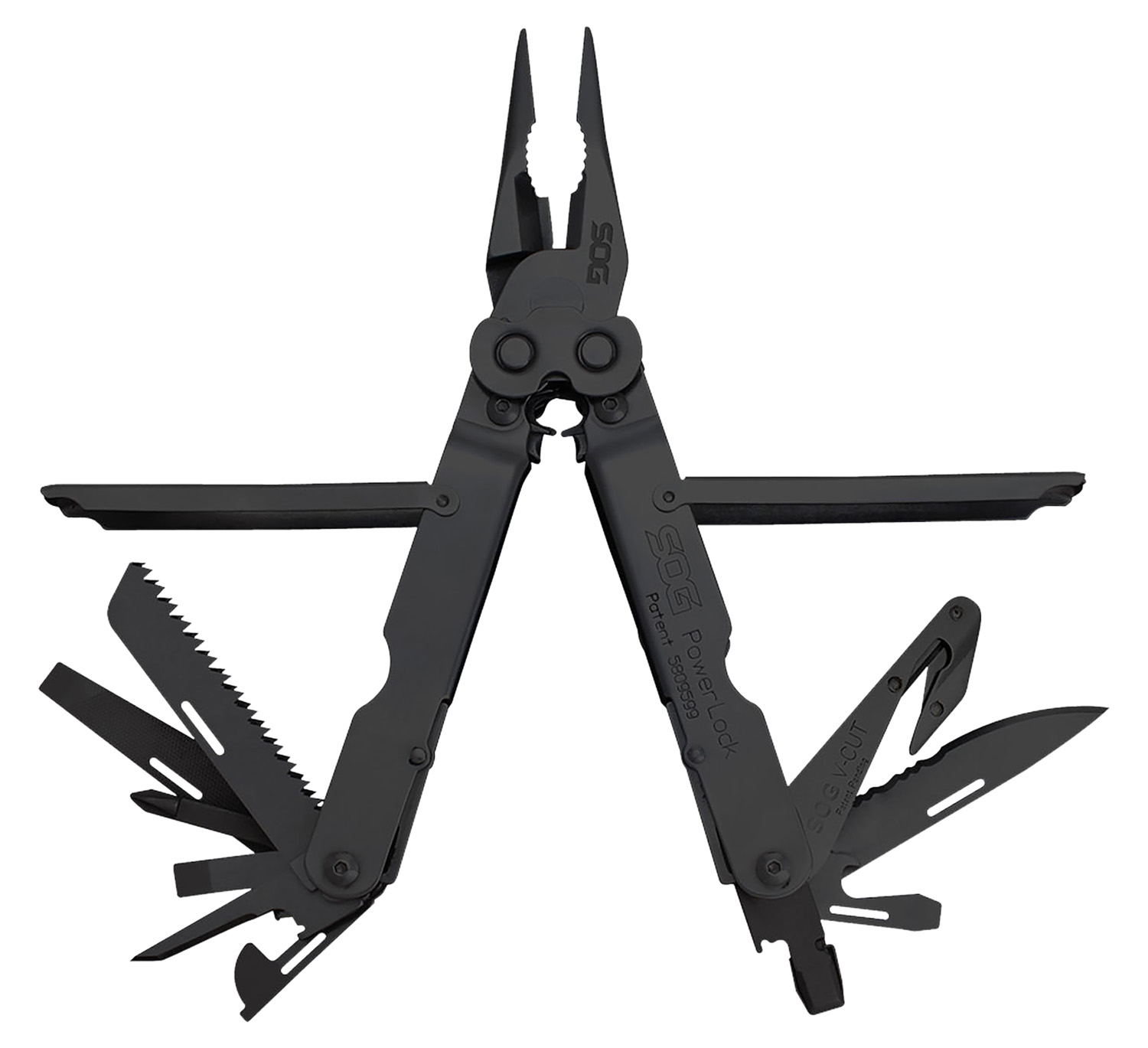 SOG PowerLock EOD Multi-Tool, V-Cutter, Black Oxide 420 Stainless, 18 Tools, 7 in, Sheath