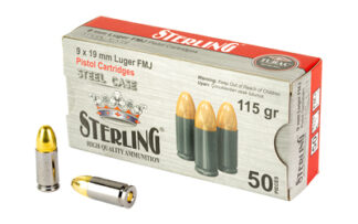 Sterling 9mm 115gr FMJ Steel Case Ammunition, 50 Rounds
