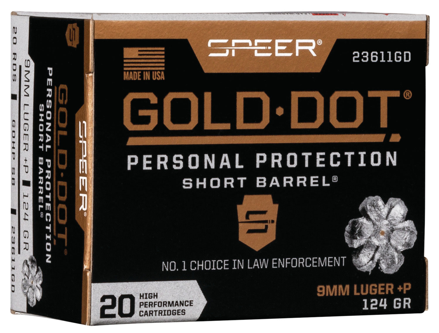 Speer Gold Dot 9mm Luger +P 124-Grain Hollow Point Short Barrel, 20-Round Box