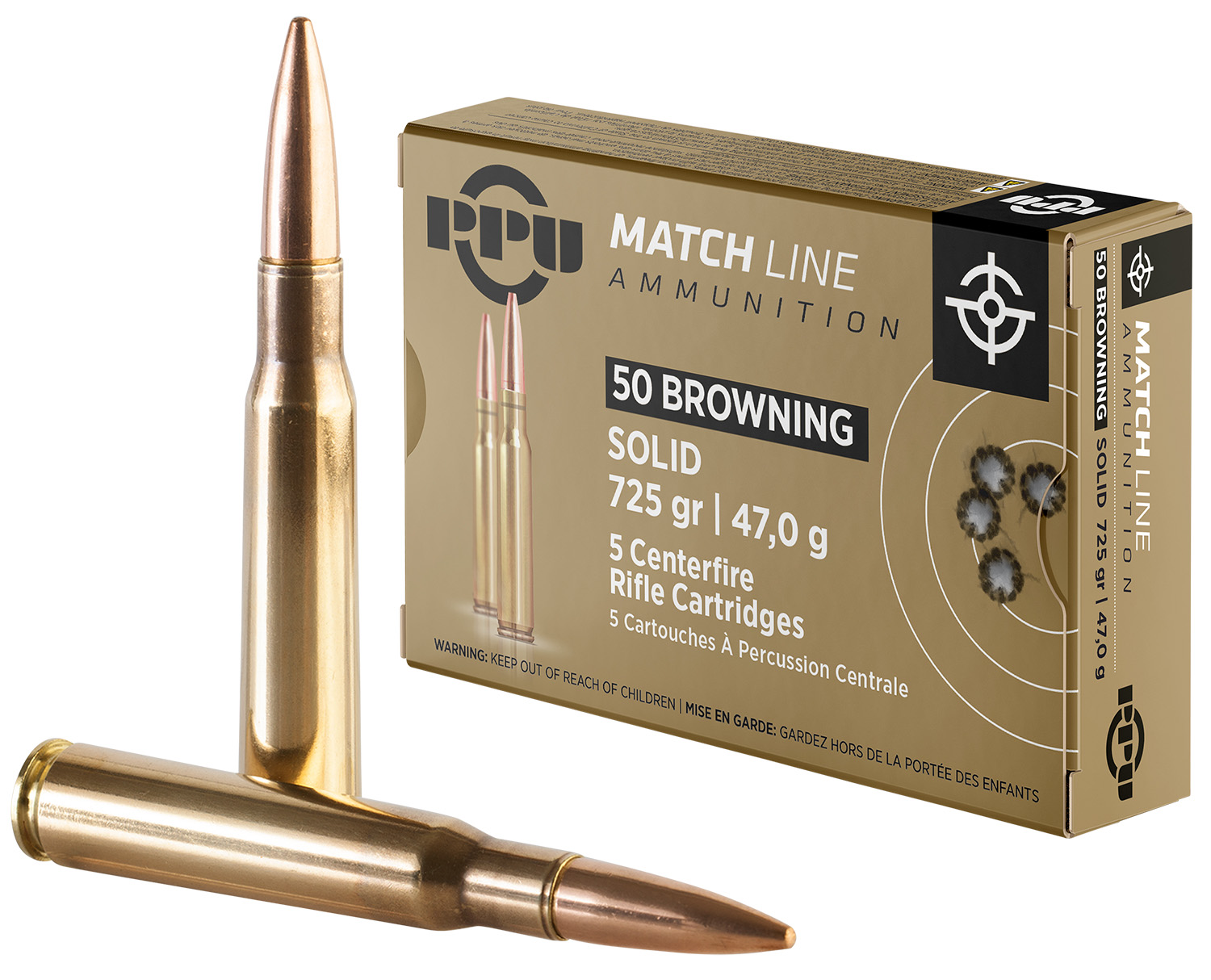 PPU PPM50 Match .50 BMG 725 gr FMJ Solid 5 Rounds Per Box