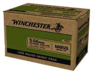 Winchester USA M855 5.56 NATO 62 Grain Full Metal Jacket (FMJ), 500 Rounds