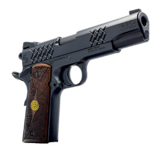 Dickinson LLC DKSN9BM 1911 Adam Full Size Frame 45 ACP 8+1 4.37" Matte Black Button Rifled Barrel, Matte Black Serrated Aluminum Slide, Matte Black Steel Frame, Wood Grips