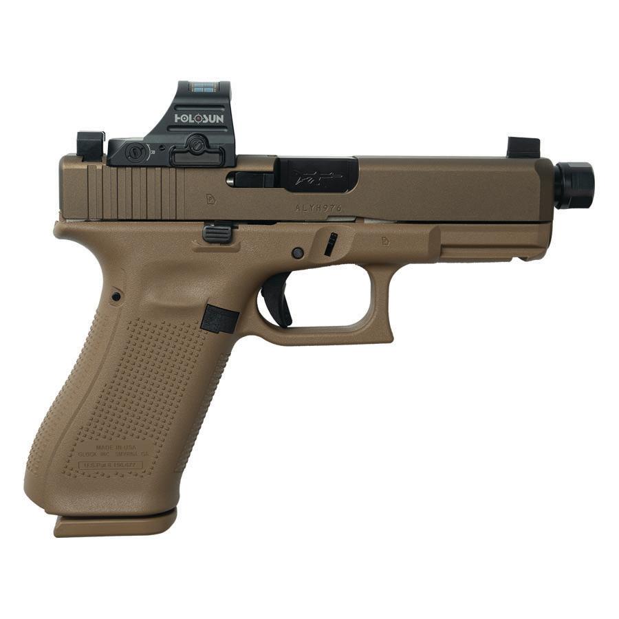 Glock V-Series Model 19x 9mm Luger Threaded Barrel, FDE Cerakote, right side view