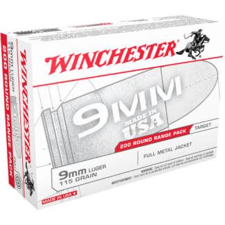 Winchester USA 9mm Luger 115 gr FMJ Ammunition, 1190 fps, 200 Rounds