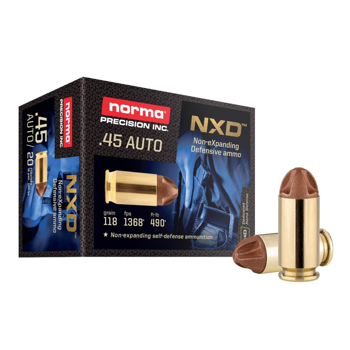 Norma .45 Auto 118gr NXD Handgun Ammunition, 20 Rounds, 1368 fps