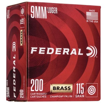Federal Champion 9mm Luger 115 gr FMJ, 200 Rounds Per Box