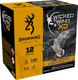 Browning Wicked Wing XD Extra Distance 12 Gauge 3 in 1 1/4 oz Steel Shot, Size 3, 25 Rounds