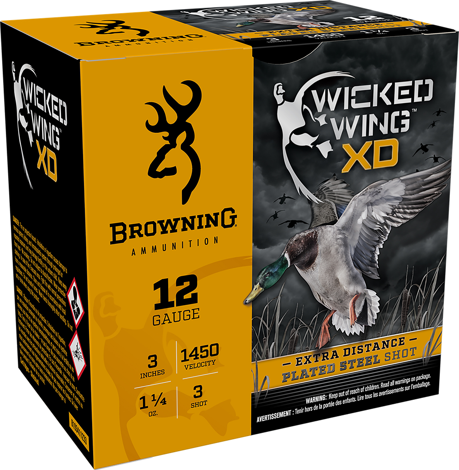 Browning Wicked Wing XD Extra Distance 12 Gauge 3 in 1 1/4 oz Steel Shot, Size 3, 25 Rounds