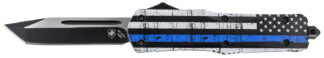 Templar Knife LBTB231 Gen II Back The Blue Large 3.50" OTF Tanto Plain Black Oxide Stonewashed 440C SS Blade, 5.25" Black & White w/Blue Line Aluminum Handle, Glass Breaker