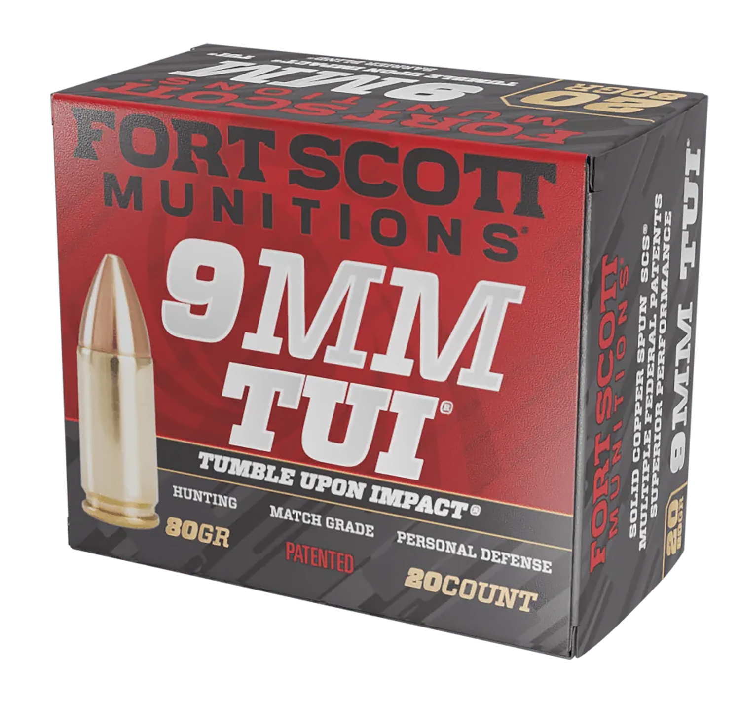 Fort Scott Munitions 9MM080SCV Tumble Upon Impact (TUI) 9mmLuger 80gr Solid Copper Spun 20 Per Box/25 Case