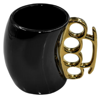 Caliber Gourmet CBGM1026 Brass Knuckle Mug Black & Gold Ceramic with Lid