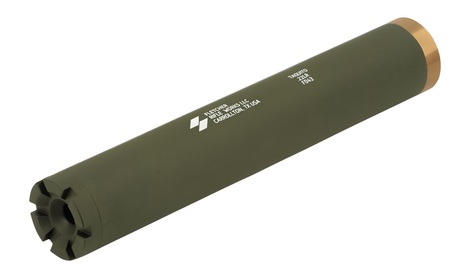 Fletcher Rifle Works Taquito 22LR Silencer, 1/2x28, 1" OD, 2" Length, Green Stainless/Aluminum