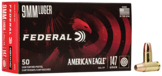 Federal American Eagle 9mm Luger 147 gr FMJ Flat Point 50 Rounds Per Box