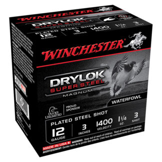 Winchester Drylok Super Steel Magnum 12 Gauge 3 in 1-1/4 oz #3 Plated Steel Shot, 25-Round Box
