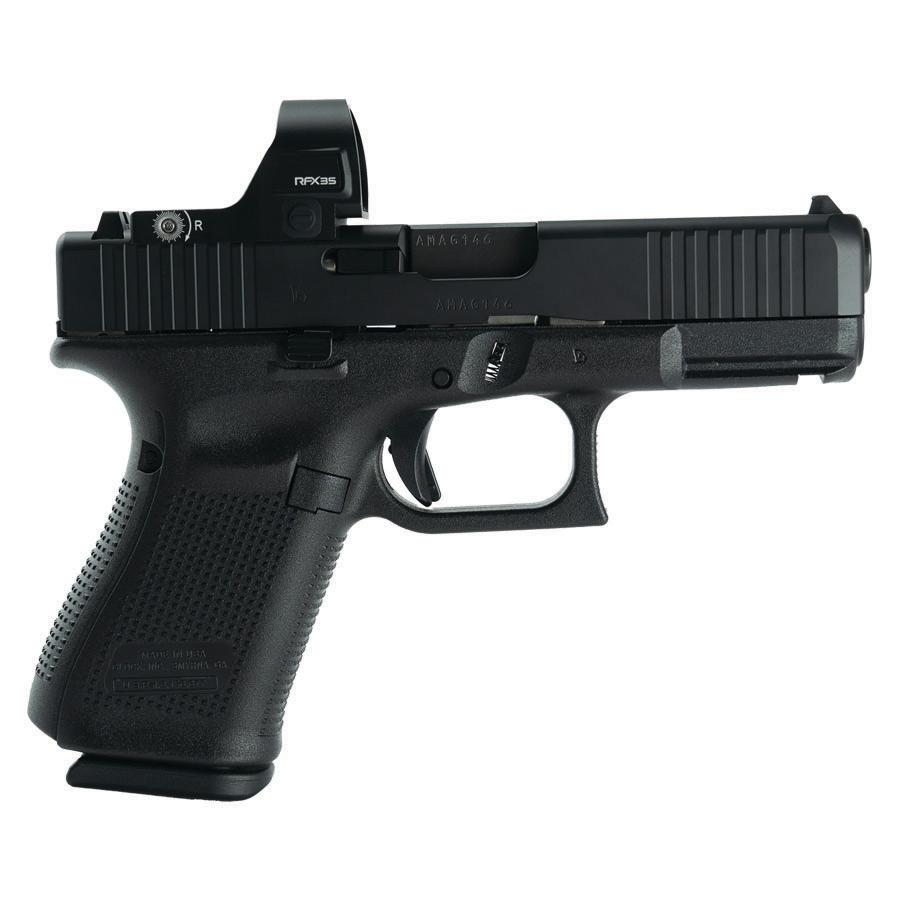 Glock V-Series Model 19 9mm Luger Semi-Auto 4.02 in Black Cerakote, 15-Round Magazines, RFX35 Green Dot, right side view